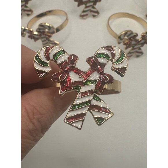 Candy Cane Metal Napkin Rings Set of 6 Holiday Table - Never Used - Bows - Picture 1 of 4